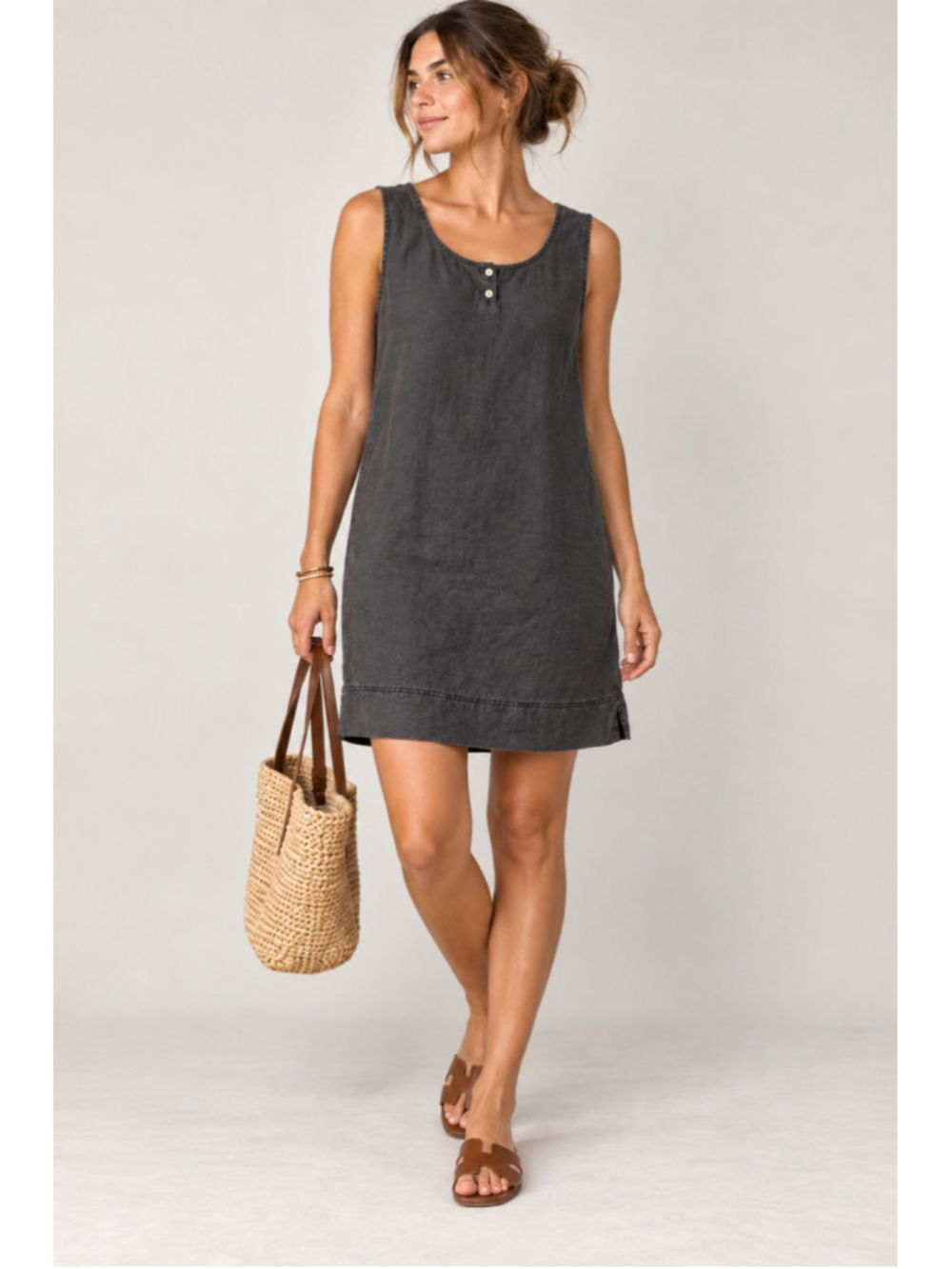 J. Jill Black 100% Linen Sleeveless Shift Dress Size M Minimalist Boho